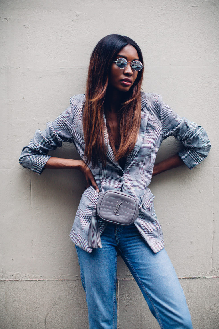 grey checked longline blazer